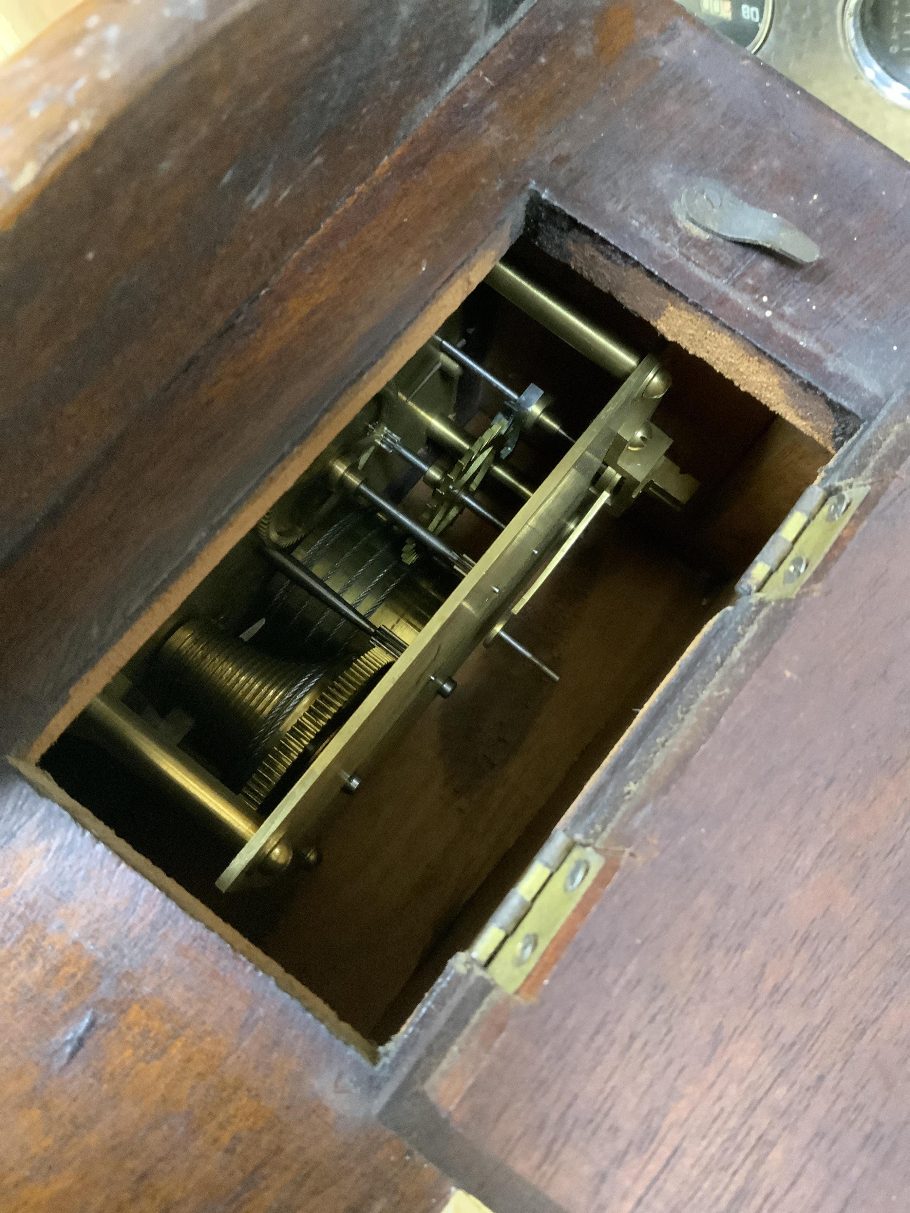 A mahogany wall dial fusee timepiece, the eight inch dial painted with ‘S.R. 10837’, intended to stand for Southern Railway, the reverse of the case also stamped with 10837